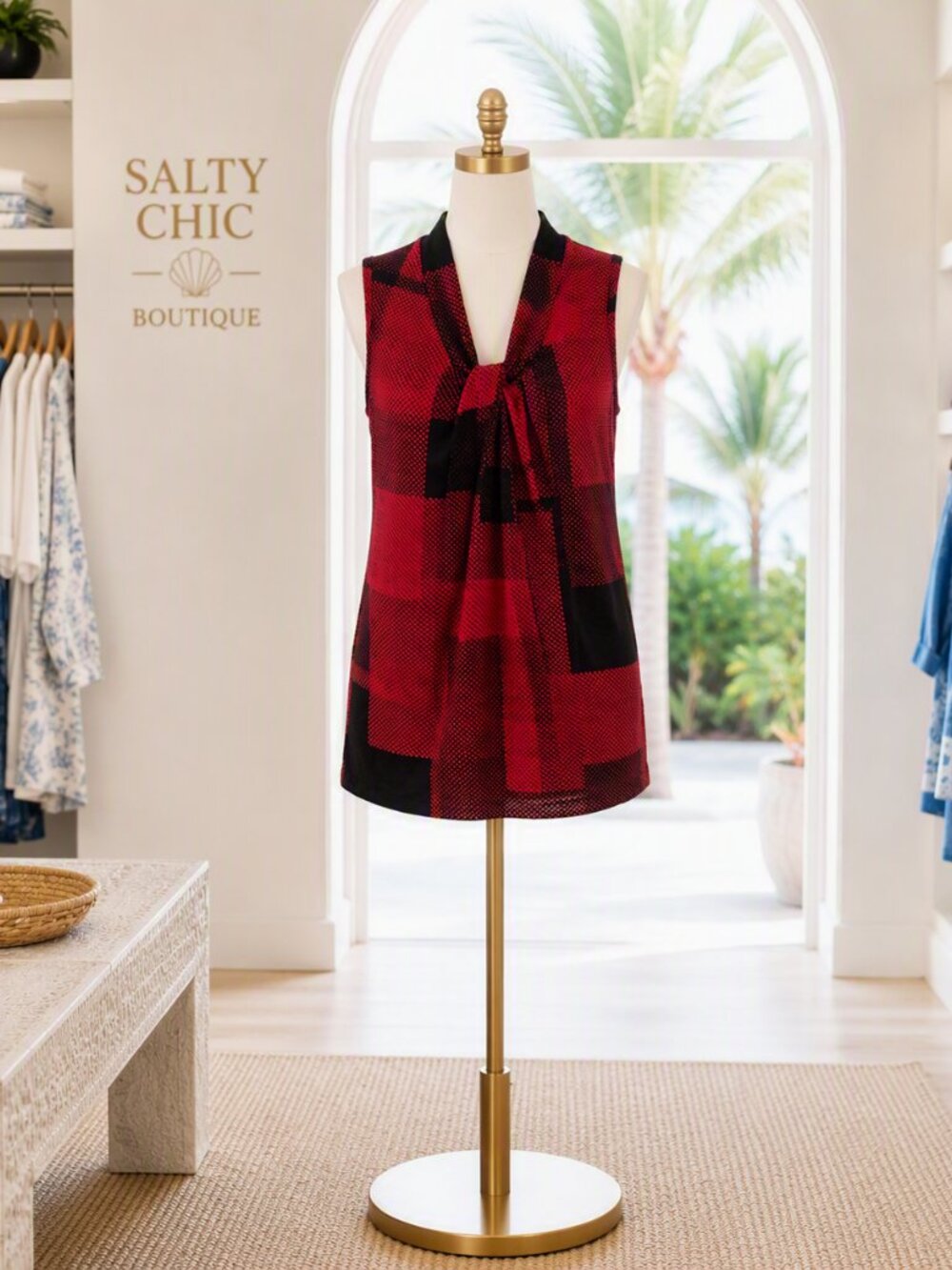 Karl Lagerfeld Red and Black Sleeveless Draped Neck Top